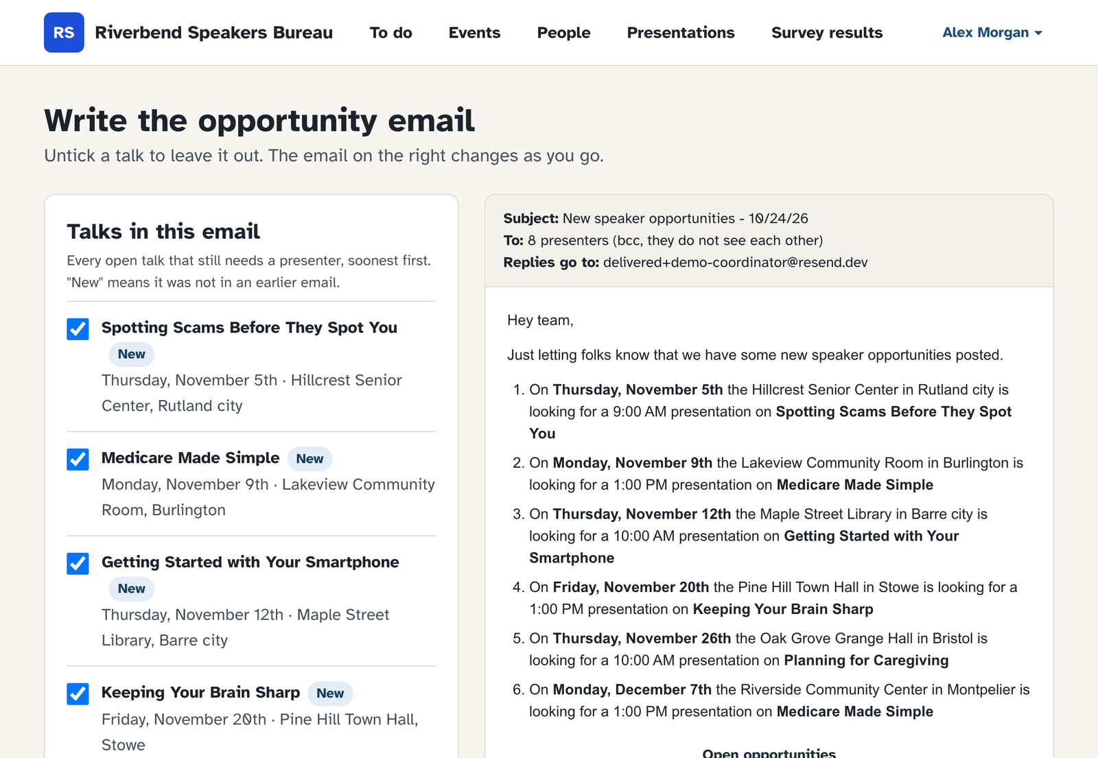 The opportunity email page: a list of open talks with checkboxes, next to a preview of the email to presenters.