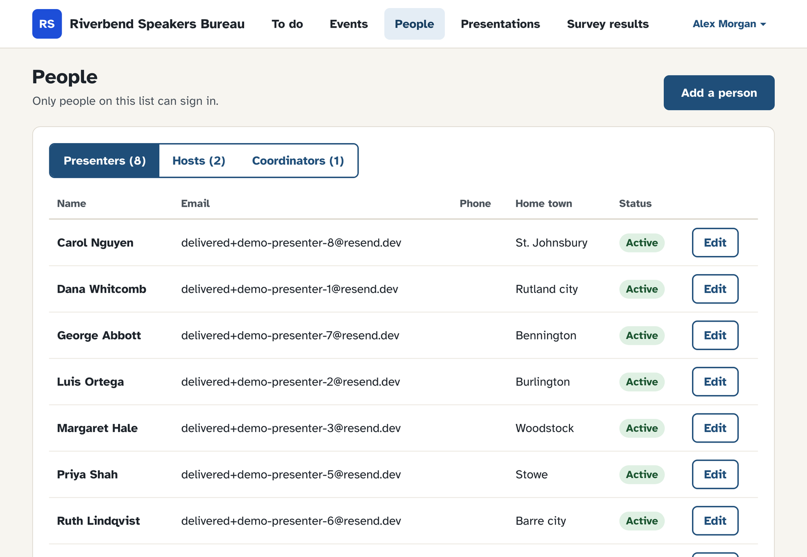 The People page: a table of presenters with email, home town and status.