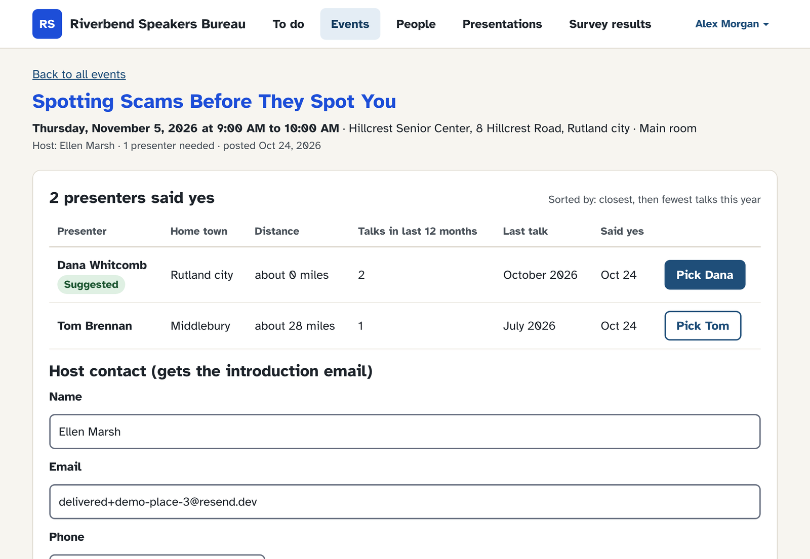 An event page listing the presenters who said yes, with miles from the place and talks in the last 12 months.