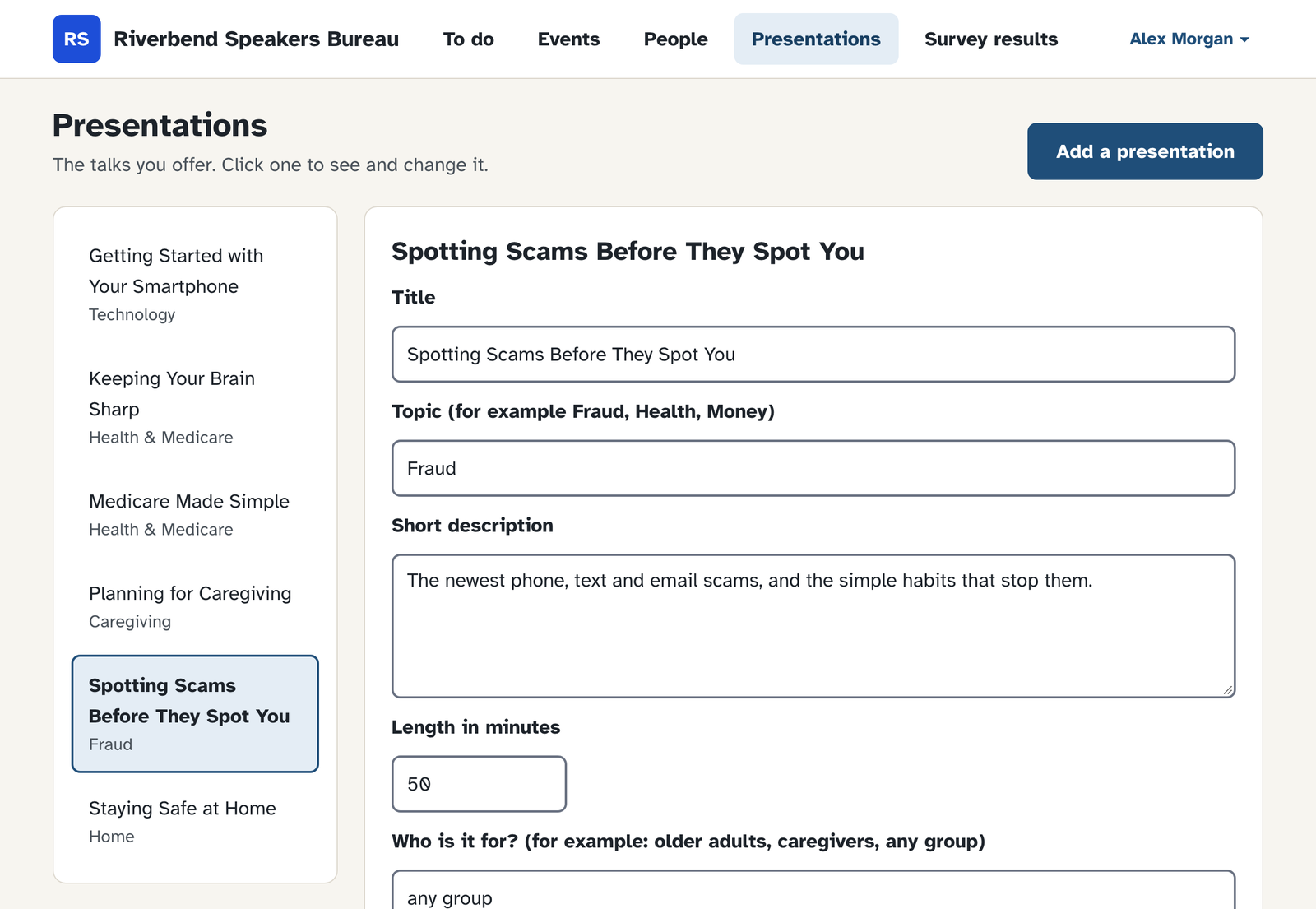 The Presentations page: a list of talks, with the title, topic and description of one talk open to edit.