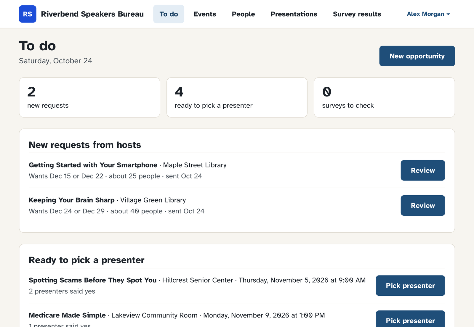 The coordinator's To do page: counts of new requests, talks ready to pick a presenter, and surveys to check, with new host requests to review.