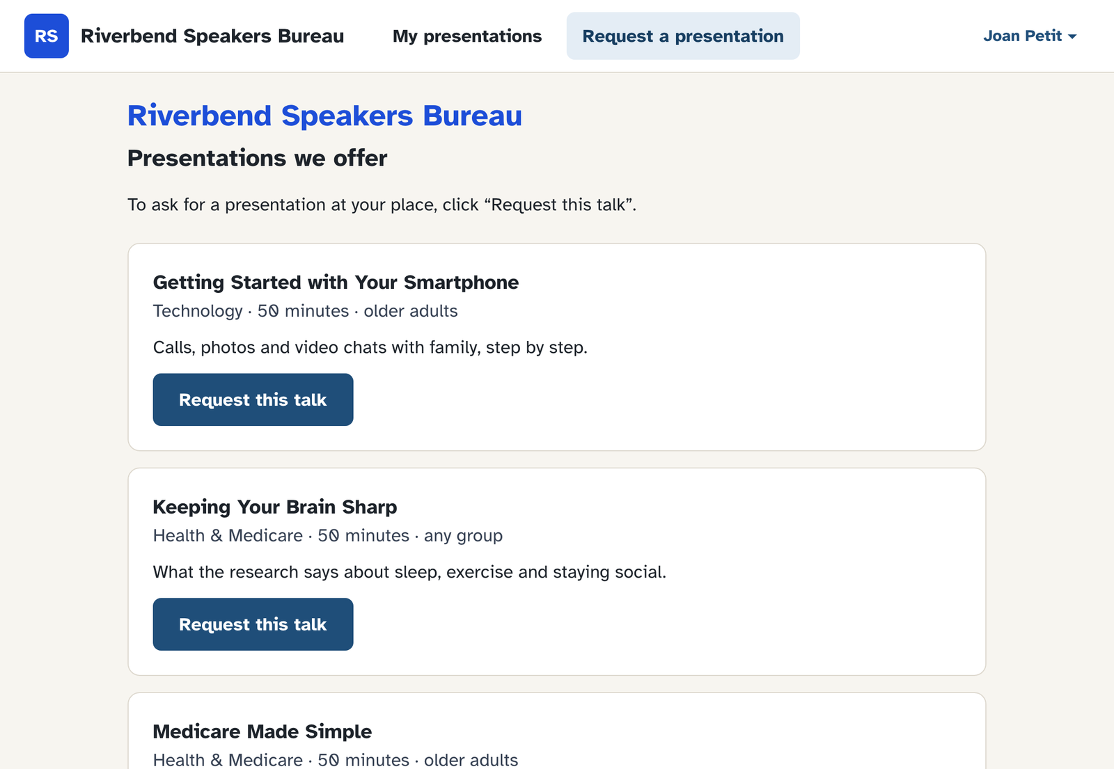 The catalog: a list of talks with topic, length, audience and a 'Request this talk' button.