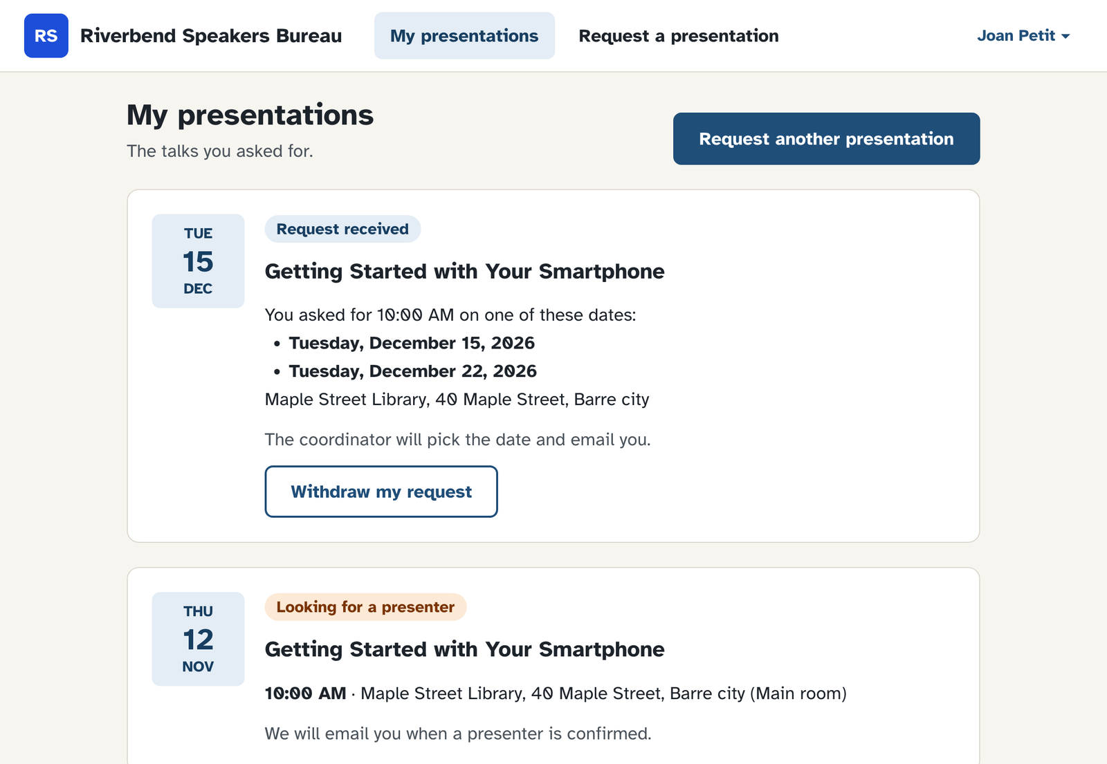 A host's My presentations page: a request waiting for the coordinator, and a talk that is looking for a presenter.