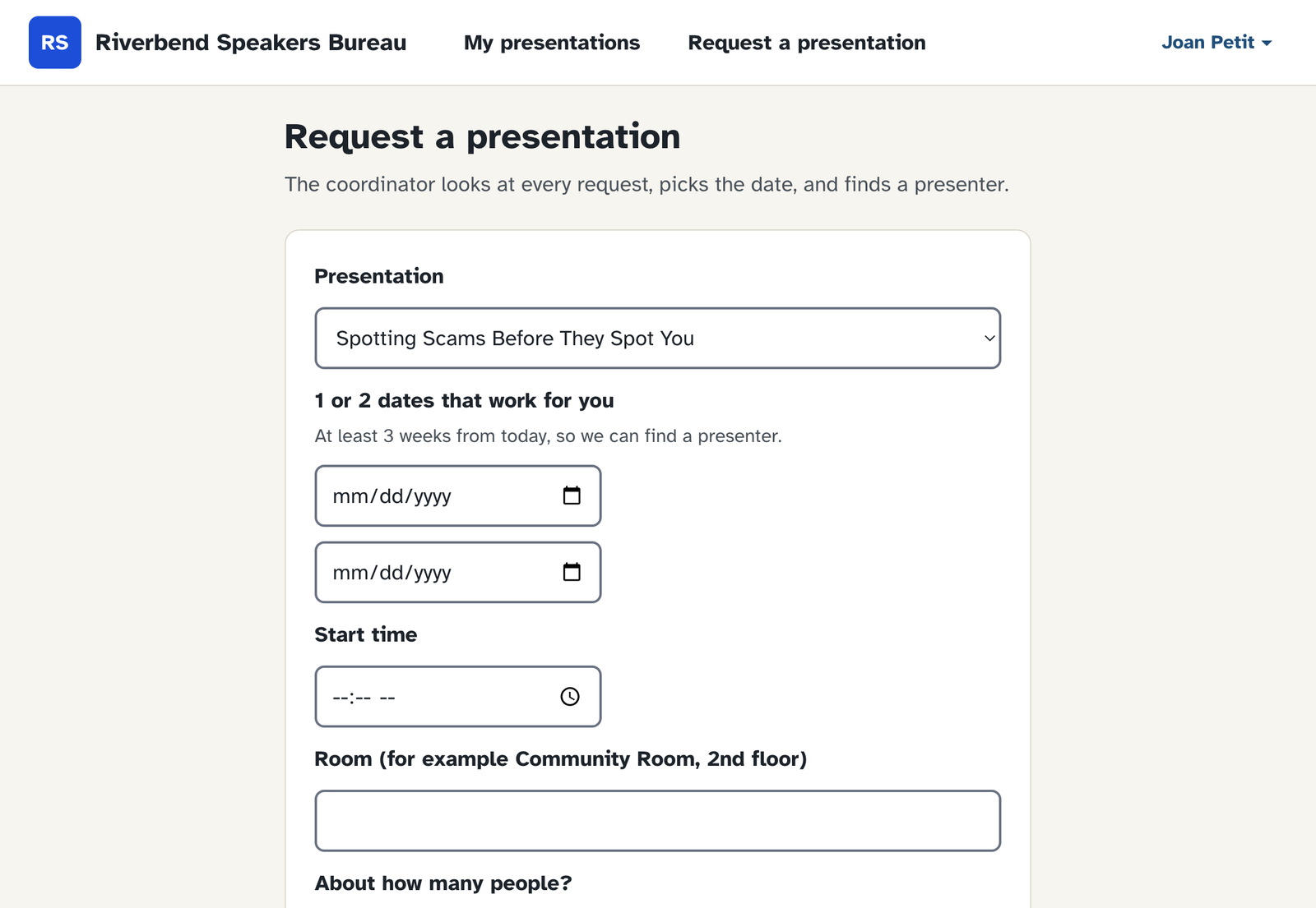The request form: pick a talk, one or two dates, a start time, the room and how many people.