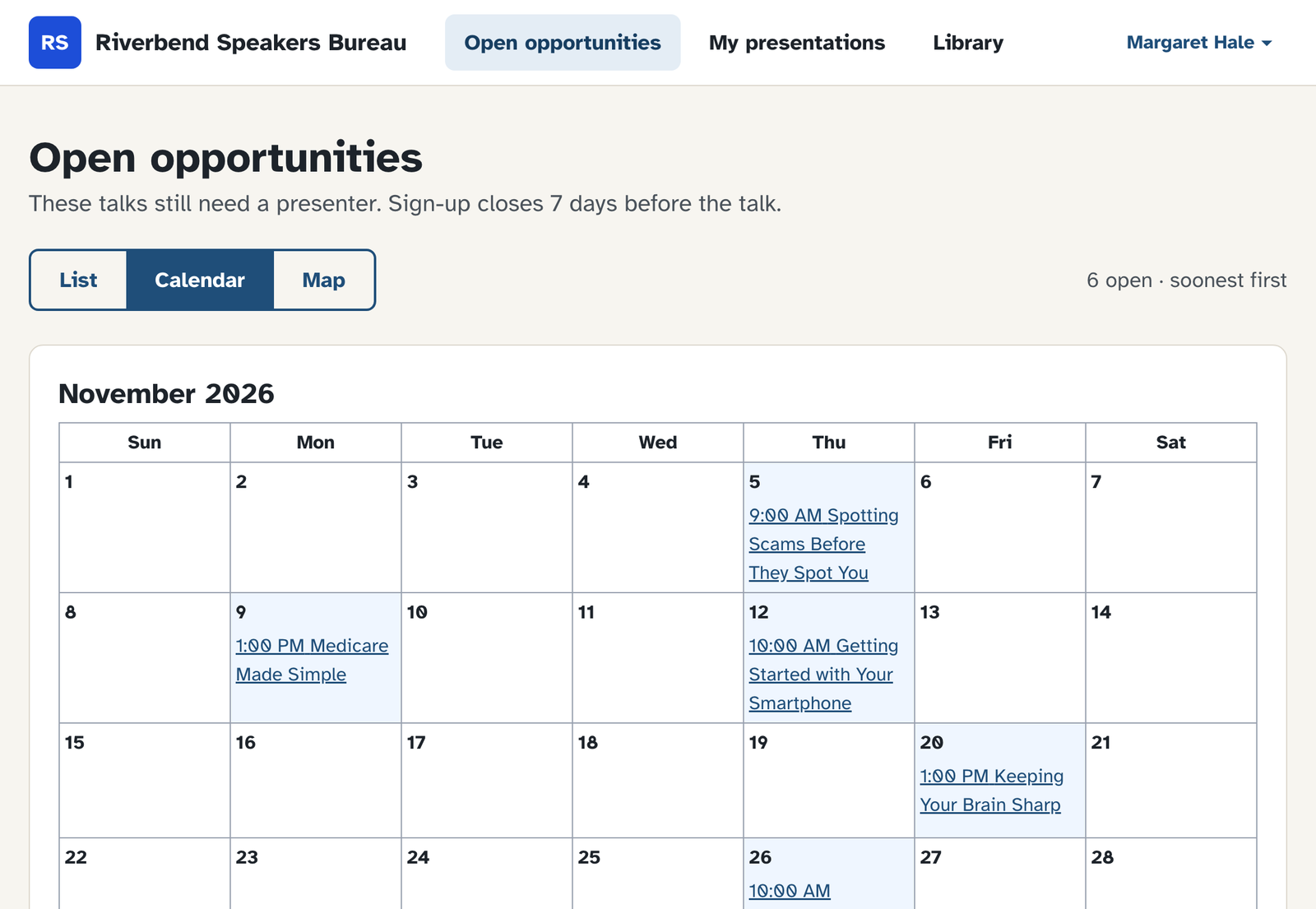 A month calendar with the open talks on their dates.
