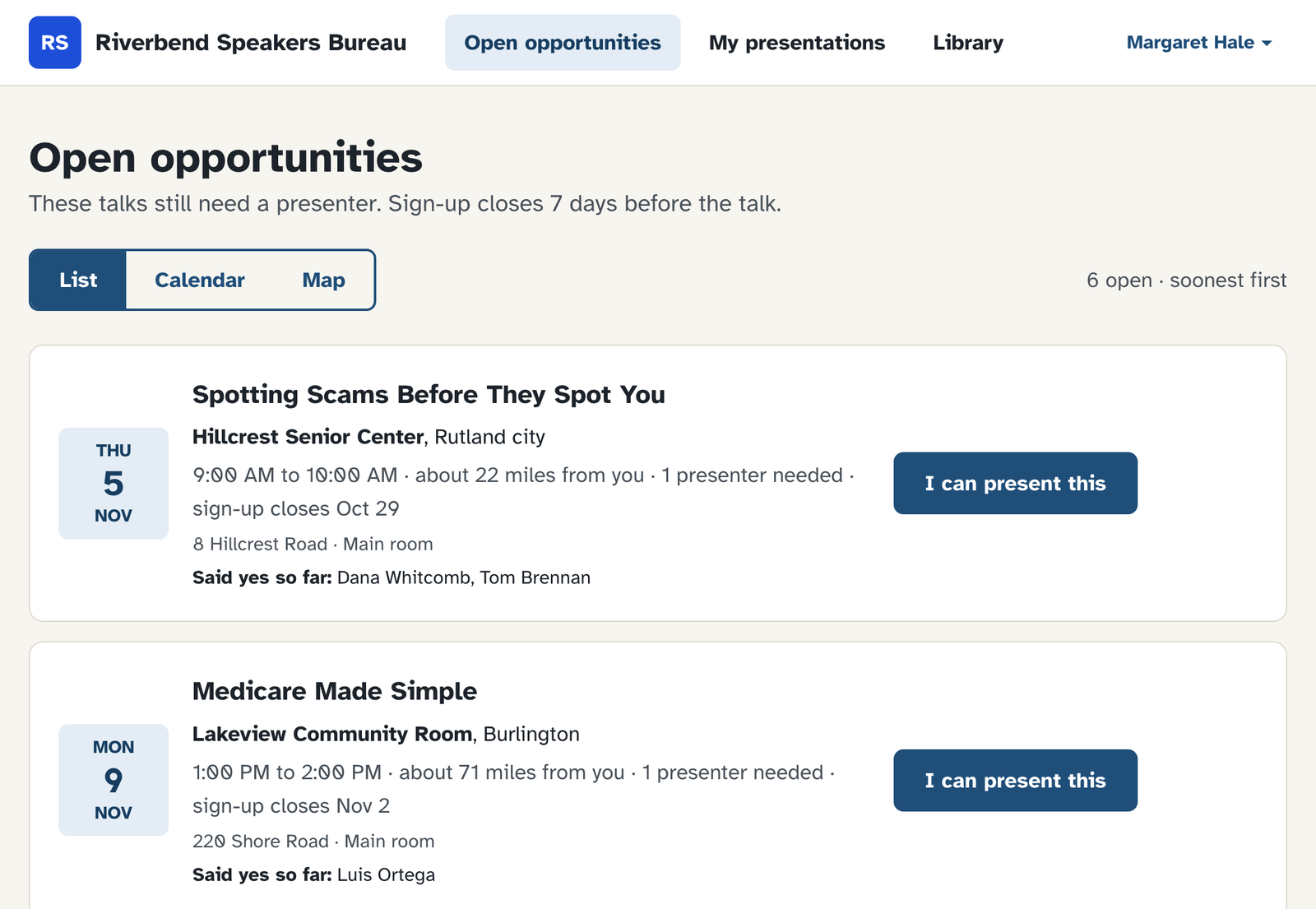 The Open opportunities page: a list of talks that still need a presenter, each with its date, place, distance and an 'I can present this' button.