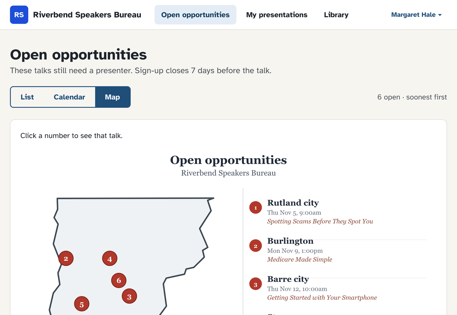 A state map with numbered pins for each open talk, next to a list of towns, dates and talk titles.