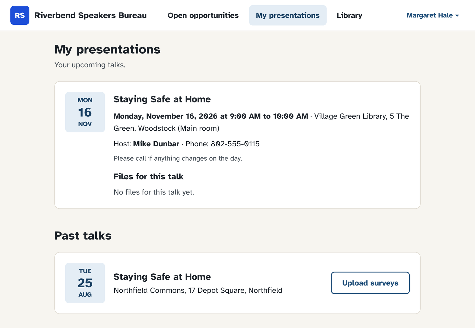 My presentations: an upcoming talk with date, address and host phone number, and a past talk with an Upload surveys button.